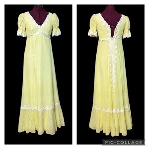 Vintage 60’s/70’s Yellow Swiss Dot Maxi Dress Puff Sleeve Floral Lace